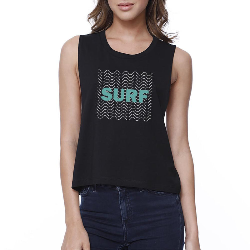 Surf Waves Womens Black Sleeveless Crop Shirt Gifts For Surf Lovers