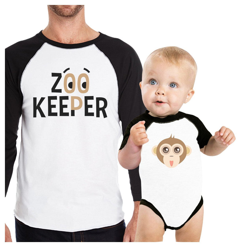 Zoo Keeper Monkey Dad and Baby Matching Black And White Baseball Shirts