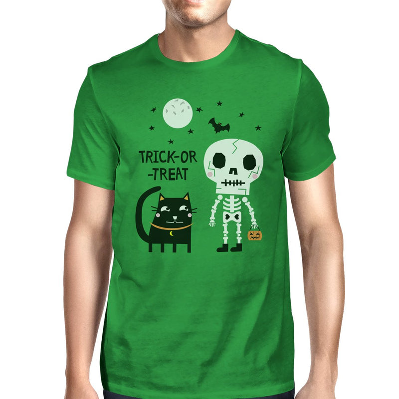 Trick-Or-Treat Skeleton Black Cat Mens Green Shirt