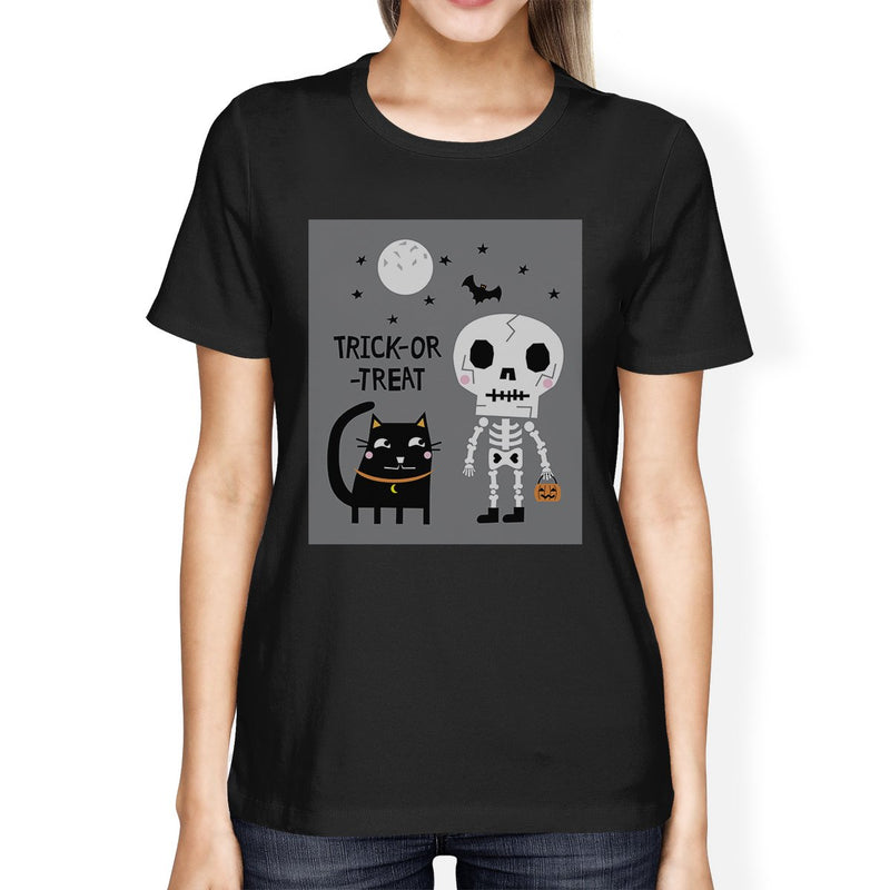 Trick-Or-Treat Skeleton Black Cat Womens Black Shirt