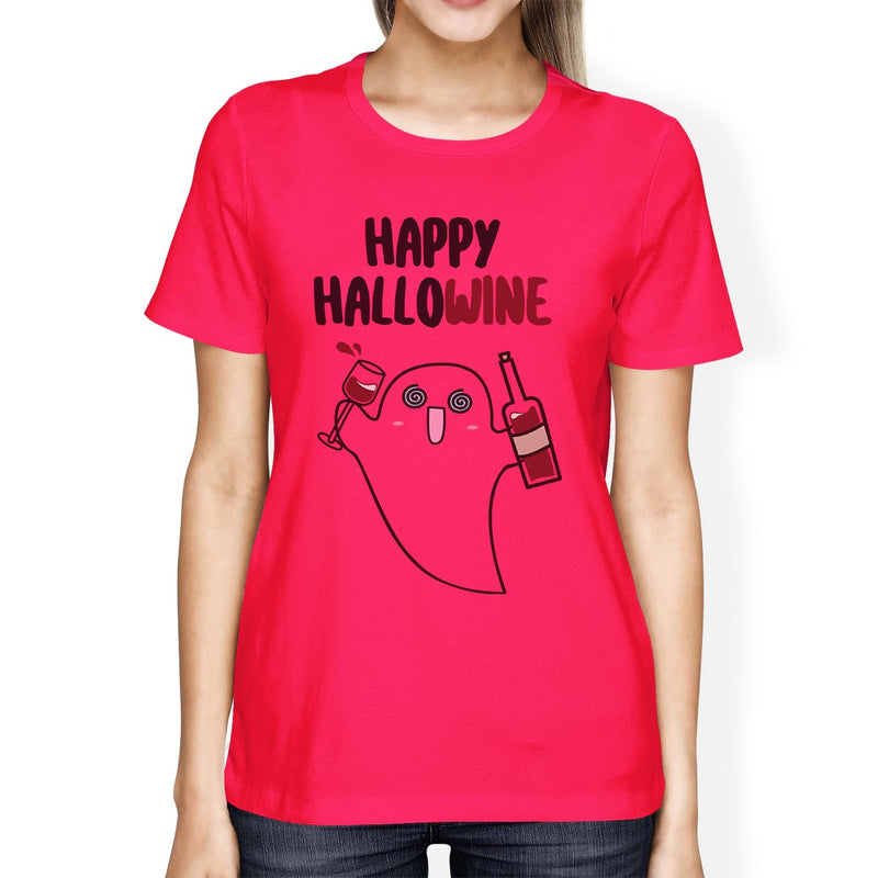 Happy Hallowine Ghost Wine Womens Hot Pink Shirt