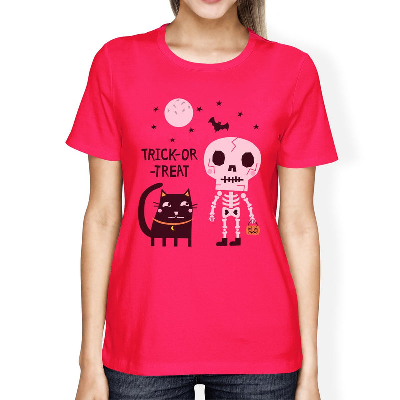 Trick-Or-Treat Skeleton Black Cat Womens Hot Pink Shirt