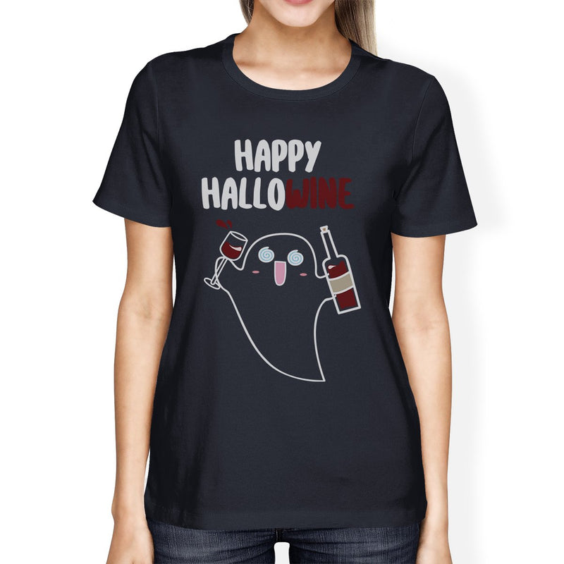 Happy Hallowine Ghost Wine Womens Navy Shirt