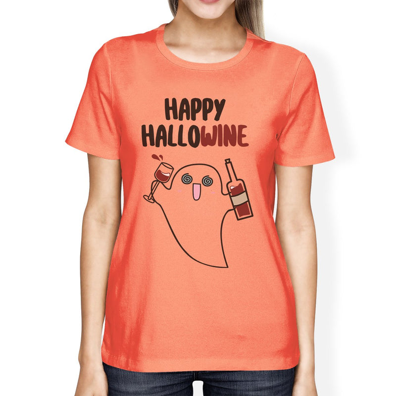 Happy Hallowine Ghost Wine Womens Peach Shirt