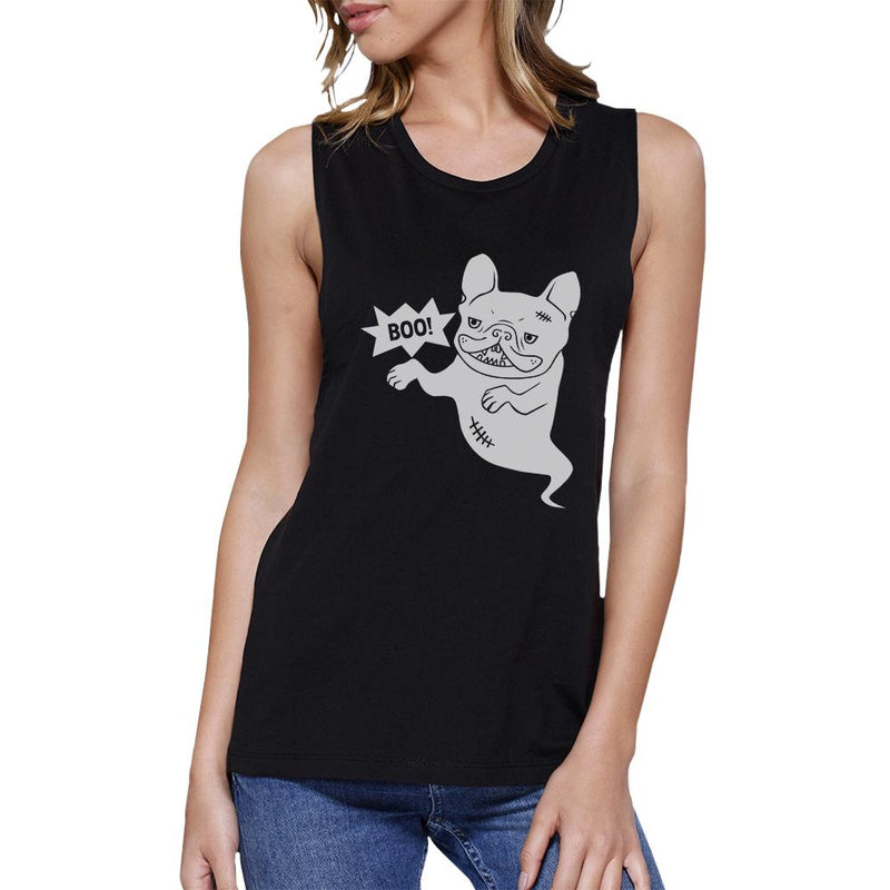 Boo French Bulldog Ghost Womens Black Muscle Top