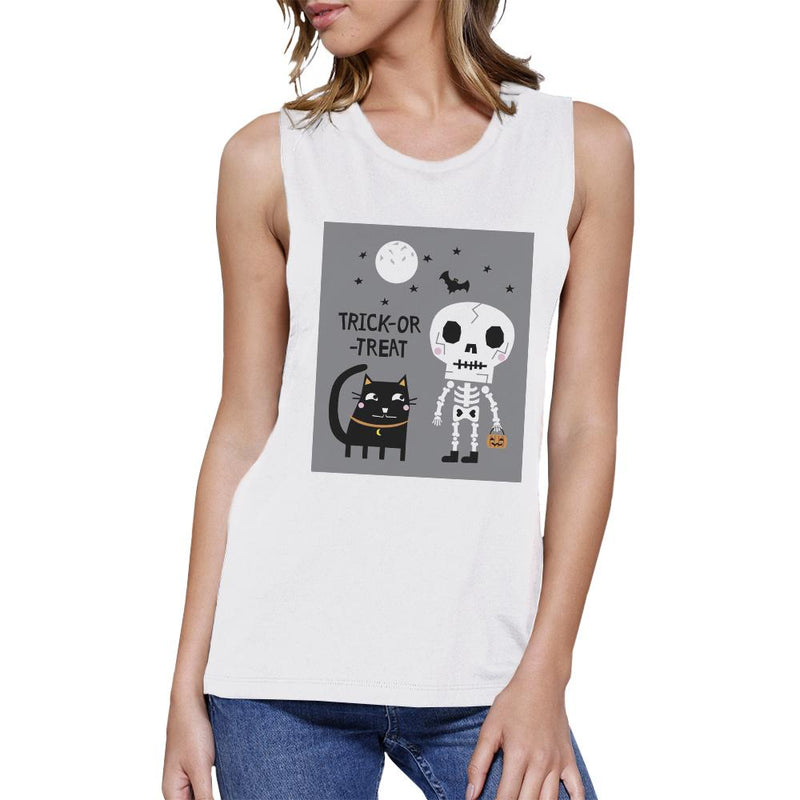 Trick-Or-Treat Skeleton Black Cat Womens White Muscle Top