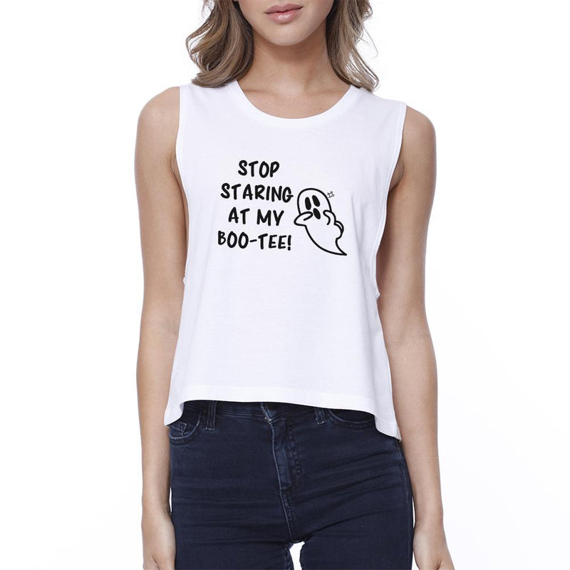 Stop Staring At My Boo-Tee Ghost Womens White Crop Top