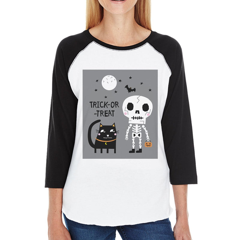 Trick-Or-Treat Skeleton Black Cat Womens Black And White BaseBall Shirt