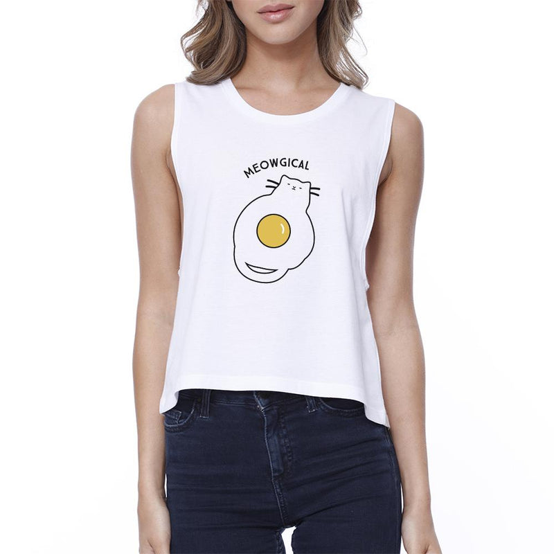 Meowgical Cat And Fried Egg Womens White Crop Top