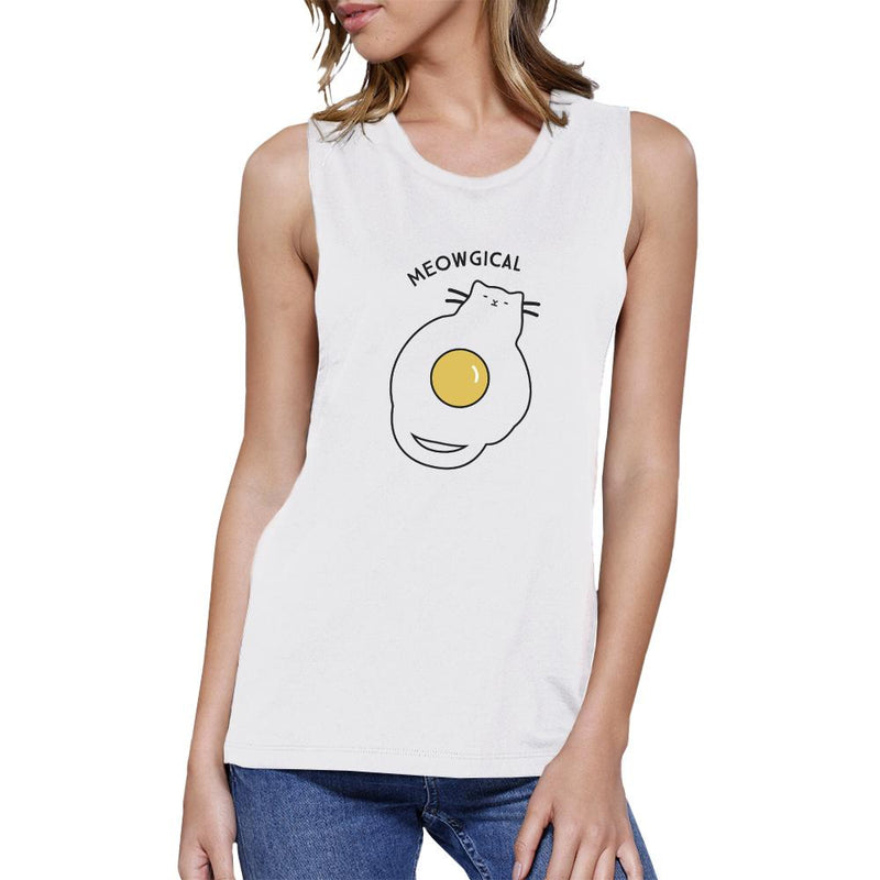 Meowgical Cat And Fried Egg Womens White Muscle Top