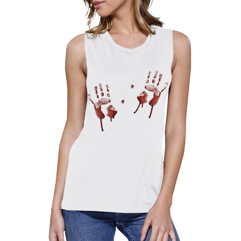 Bloody Handprints Womens White Muscle Top