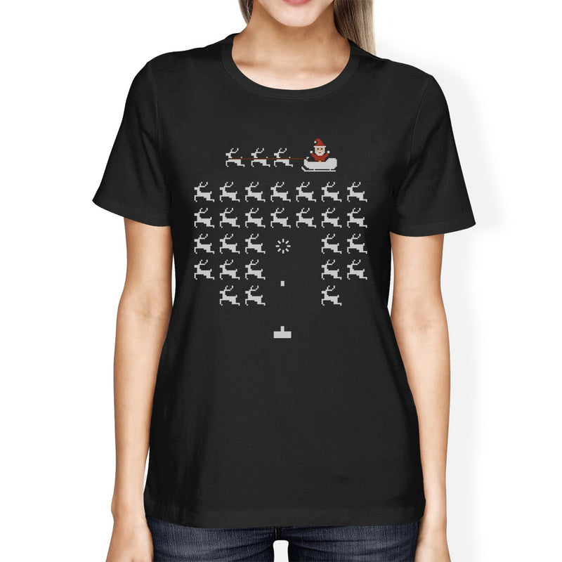 Pixel Game Santa And Rudolph Womens Black Shirt