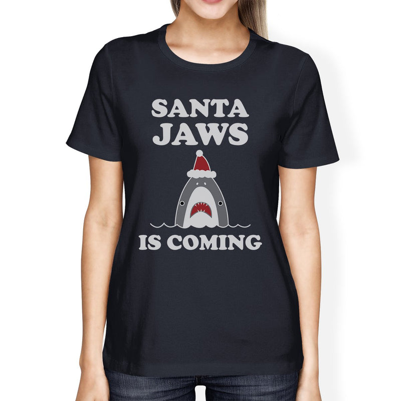 Santa Jaws Is Coming Womens Navy Shirt