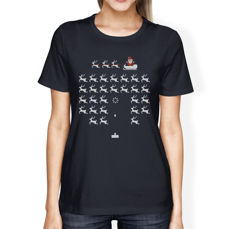 Pixel Game Santa And Rudolph Womens Navy Shirt