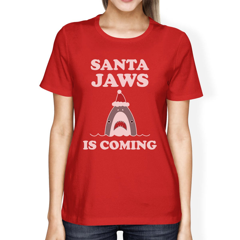 Santa Jaws Is Coming Womens Red Shirt