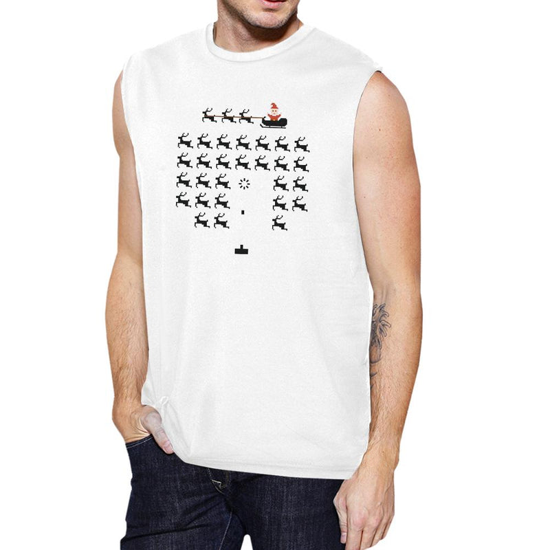 Pixel Game Santa And Rudolph Mens White Muscle Top