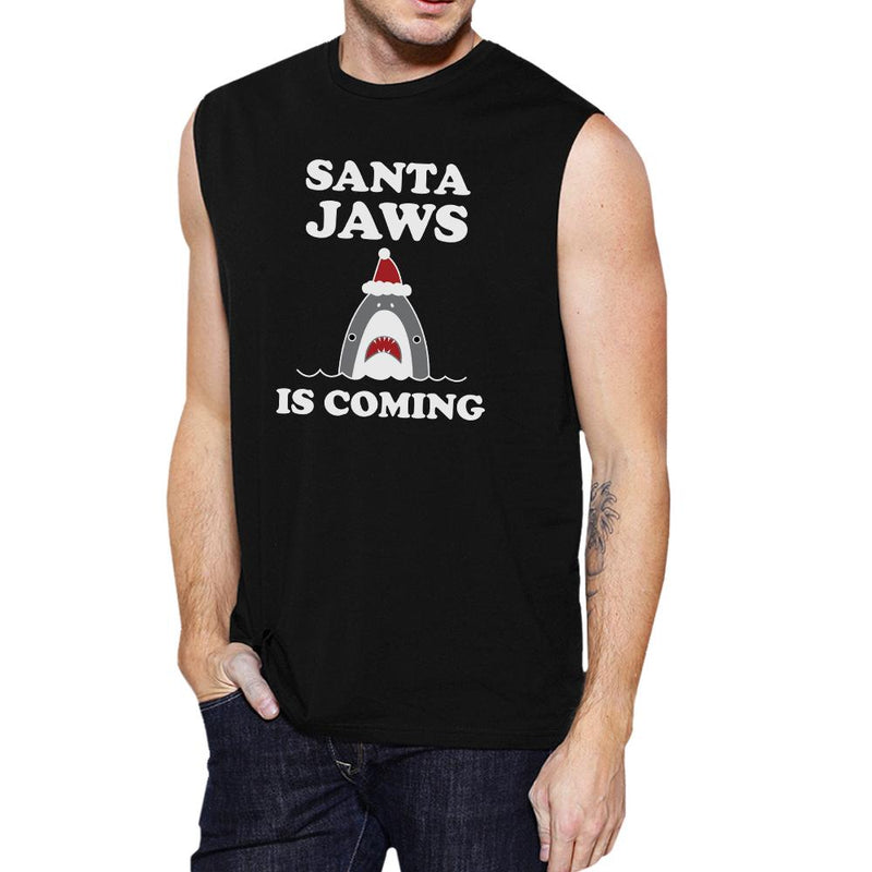Santa Jaws Is Coming Mens Black Muscle Top