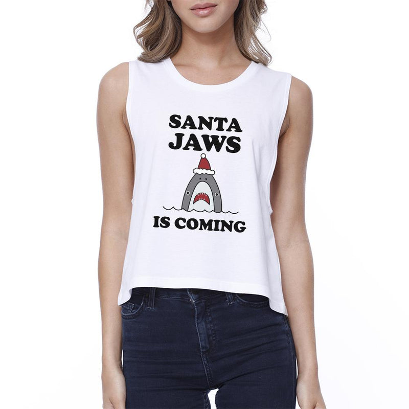 Santa Jaws Is Coming Womens White Crop Top