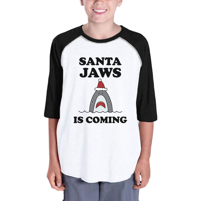 Santa Jaws Is Coming Kids Black And White Baseball Shirt