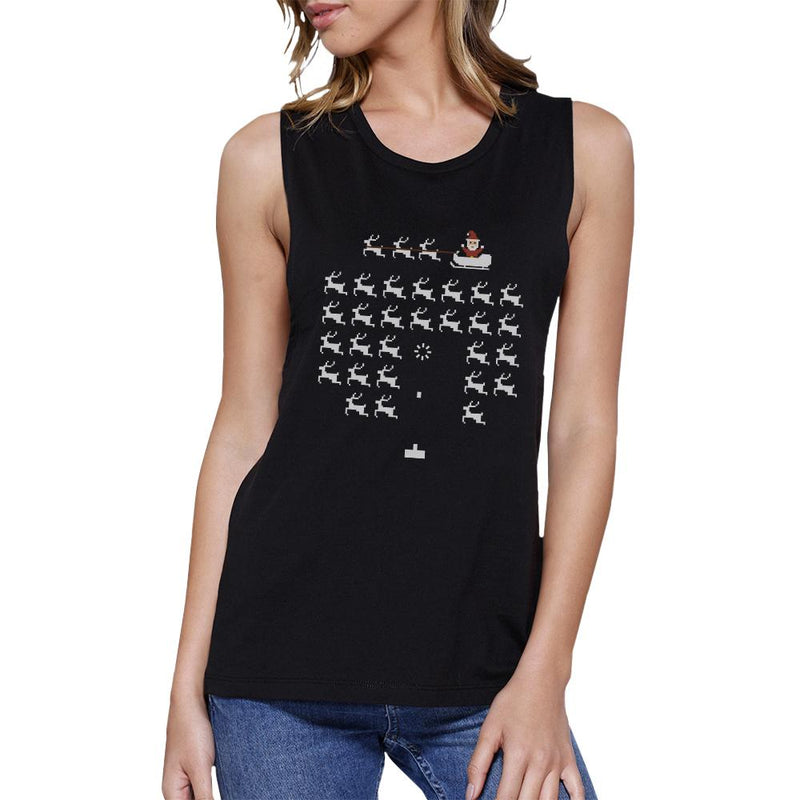 Pixel Game Santa And Rudolph Womens Black Muscle Top