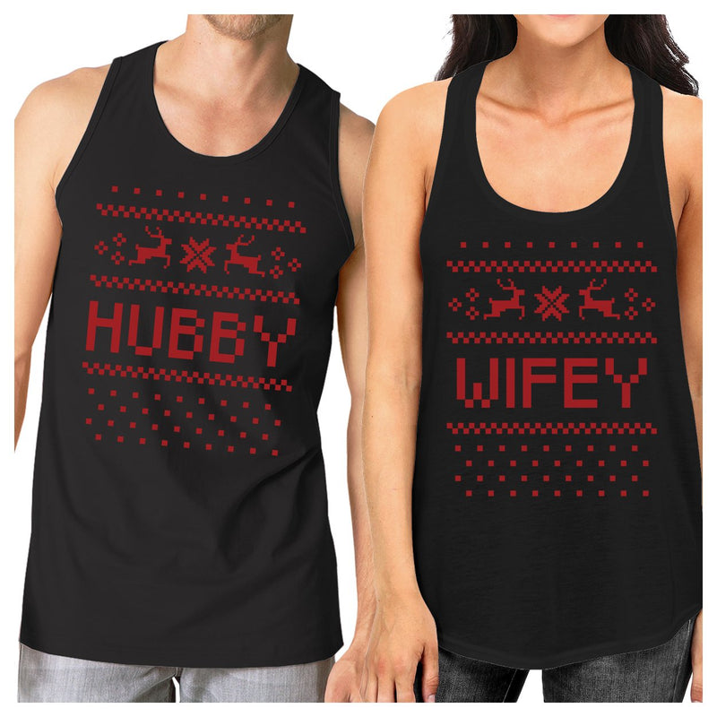 Pixel Nordic Hubby And Wifey Matching Couple Black Tank Tops