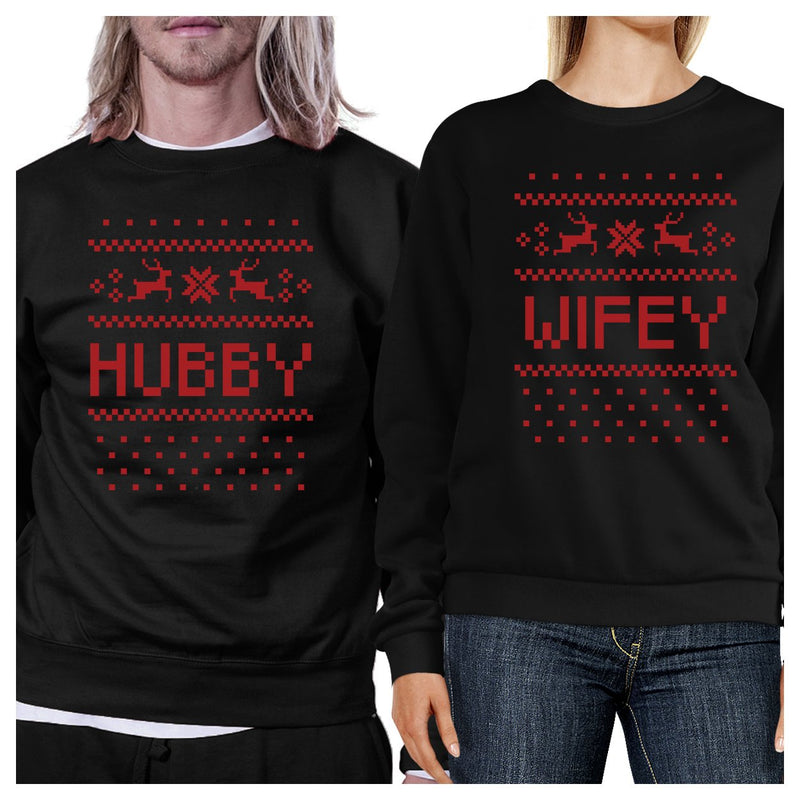 Pixel Nordic Hubby And Wifey Matching Couple Black Sweatshirts