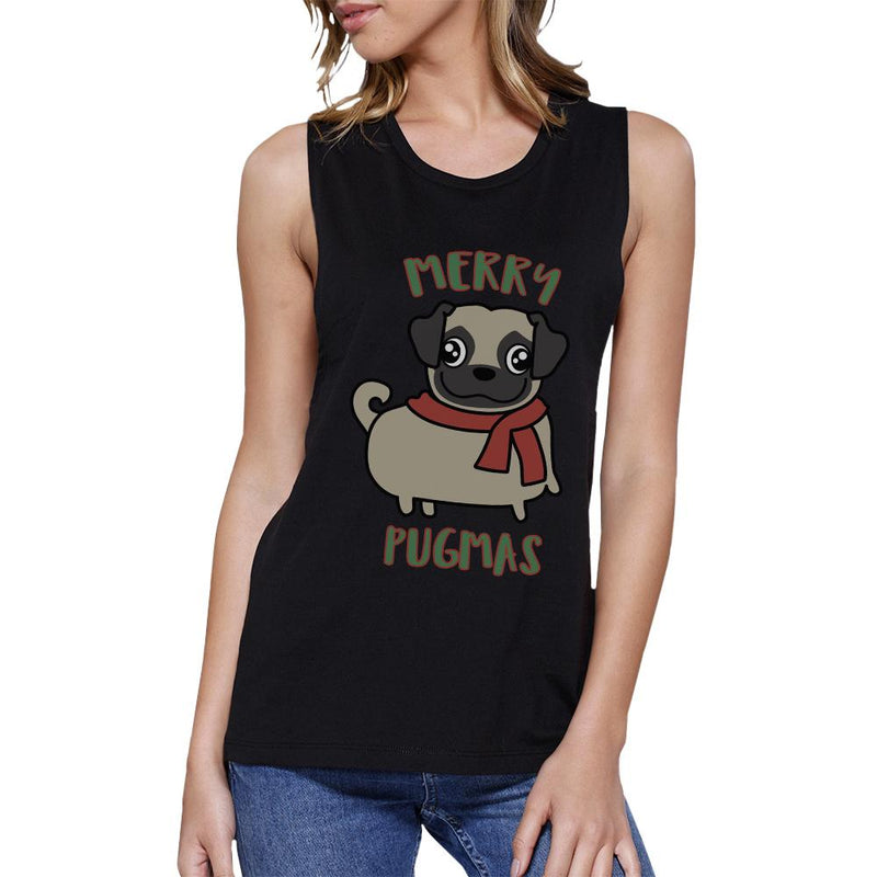 Merry Pugmas Pug Womens Black Muscle Top