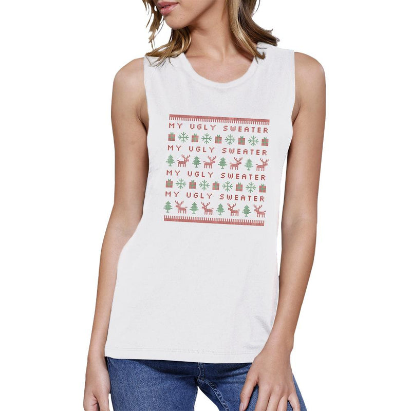 My Ugly Sweater Pattern Womens White Muscle Top
