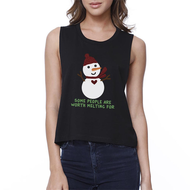 Some People Are Worth Melting For Snowman Womens Black Crop Top