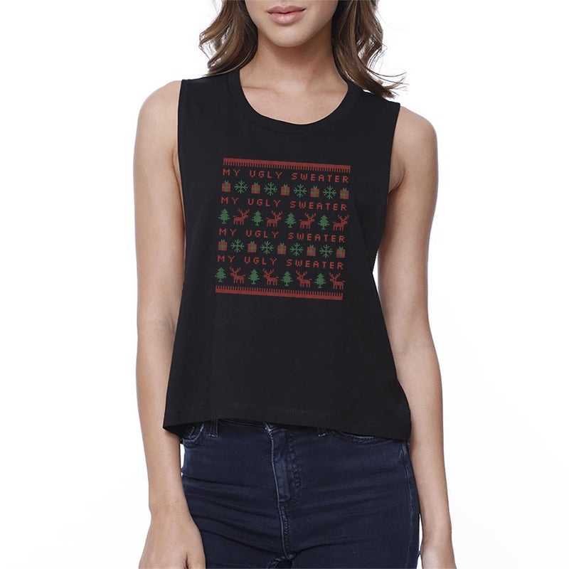 My Ugly Sweater Pattern Womens Black Crop Top