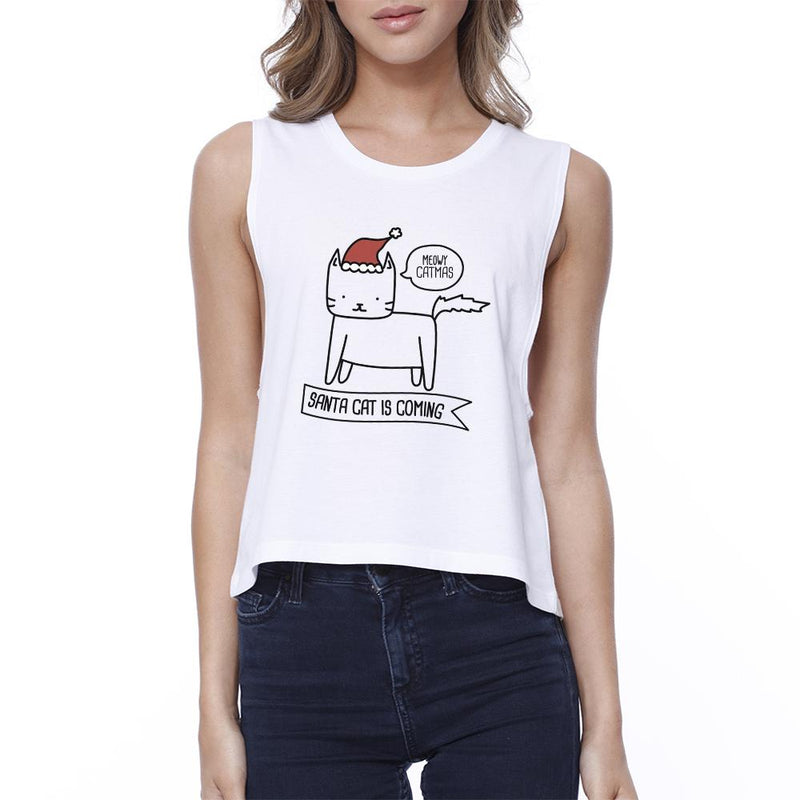 Meowy Catmas Santa Cat Is Coming Womens White Crop Top