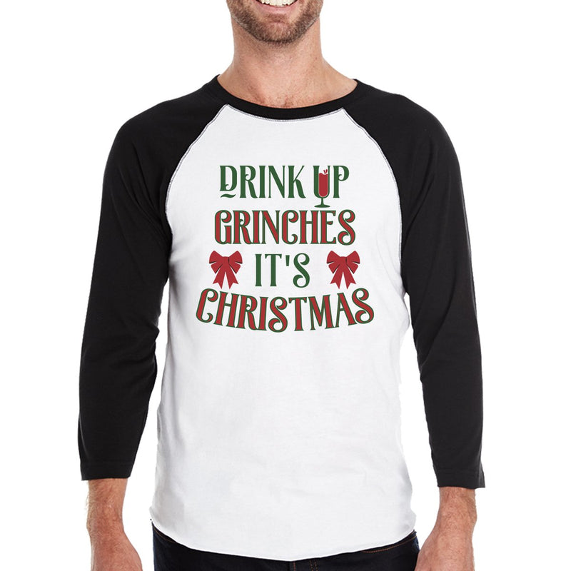 Drink Up Grinches It's Christmas Mens Black And White Baseball Shirt