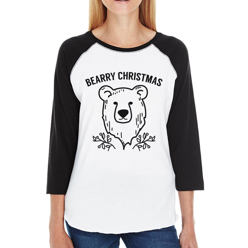Bearry Christmas Bear Womens Black And White Baseball Shirt
