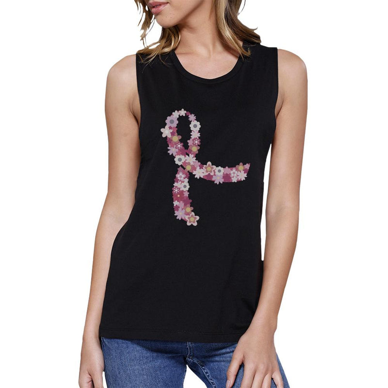 Pink Floral Ribbon Womens Black Muscle Top