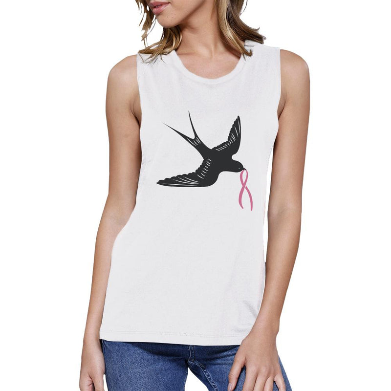Pink Ribbon And Swallows Birds Womens White Muscle Top