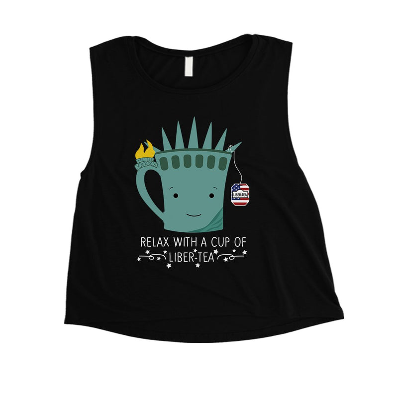 Cup Of Liber-Tea Womens Cute Graphic 4th of July Crop Tee For Gym
