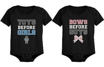 Toys Before Girls, Bows Before Guys - Cute Boy and Girl Matching Snap-on Bodysuits