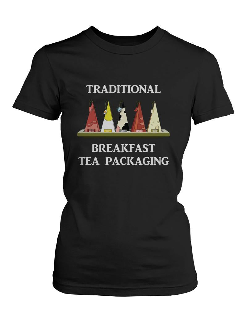 Traditional Breakfast Tea Packaging Humor T-Shirt Funny Graphic Tee for Women