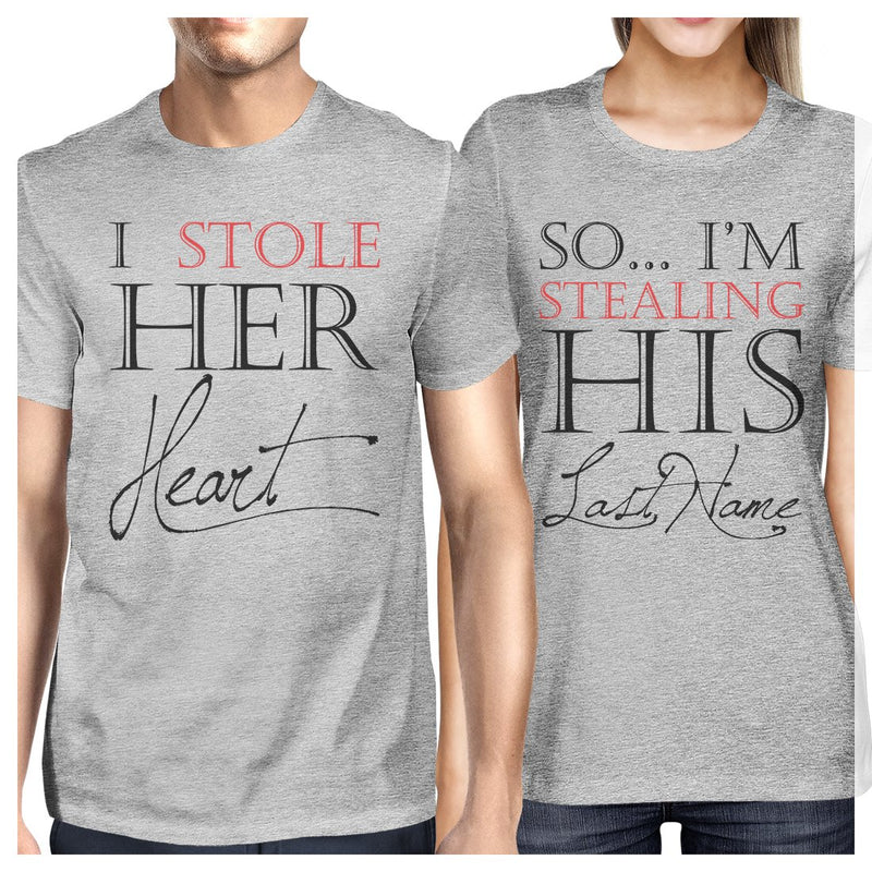 Stealing Last Name Matching Couple Gift Shirts Grey Wedding Photo