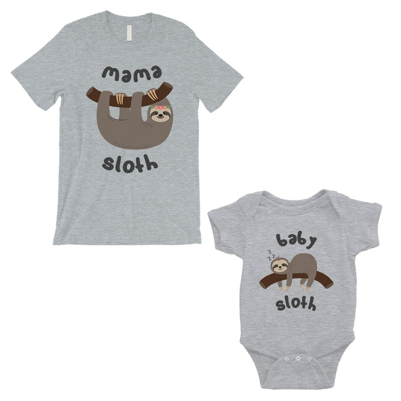 Mama Baby Sloth Mom and Baby Matching Shirts Grey Gift For New Mom