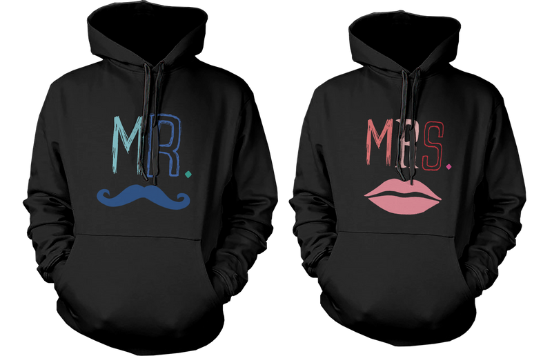 Mr and Mrs Couple Outfit Mustache and Lips Matching Hoodies for Couples