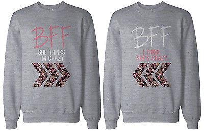 Crazy BFF Floral Print Grey Sweatshirts for Best Friends Matching Sweater