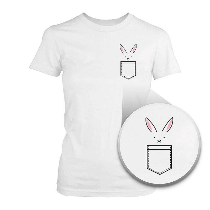 Bunny In Pocket Women's T-shirt Easter Tee Cute Rabbit Pocket Printed Shirt