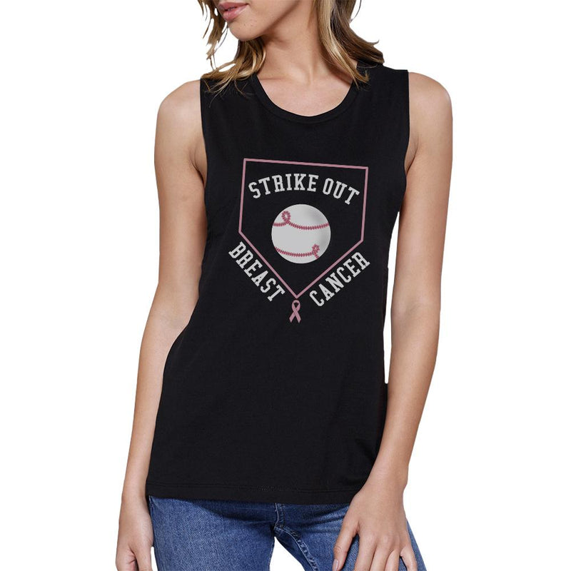 Strike Out Breast Cancer Baseball Womens Black Muscle Top