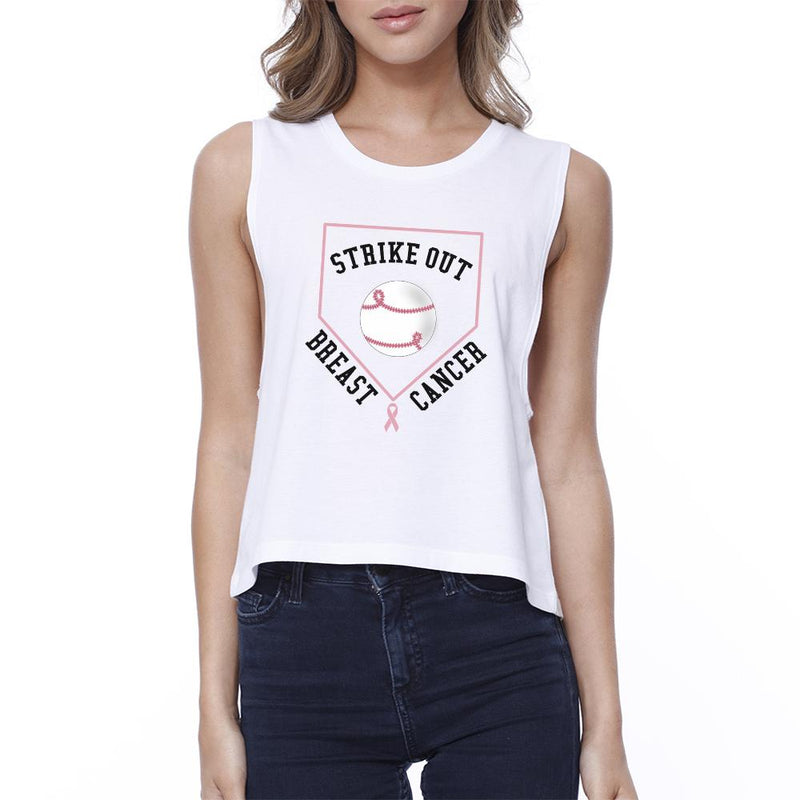 Strike Out Breast Cancer Baseball Womens White Crop Top