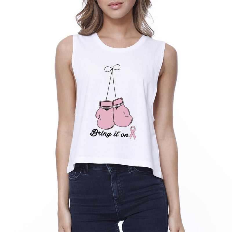 Bring It On Breast Cancer Awareness Boxing Womens White Crop Top