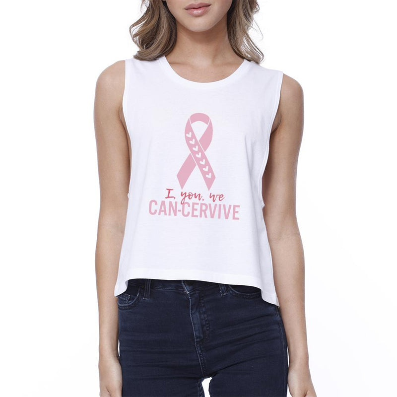 I You We Can-Cervive Breast Cancer Womens White Crop Top