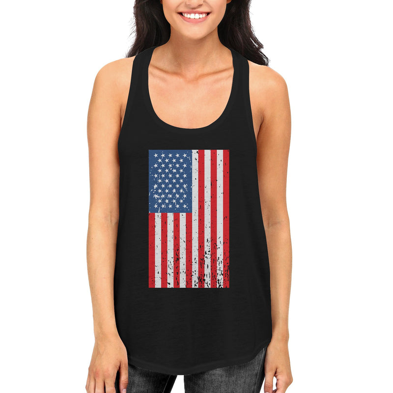 Distressed American Flag Black Women's Tank Tops for Independence Day