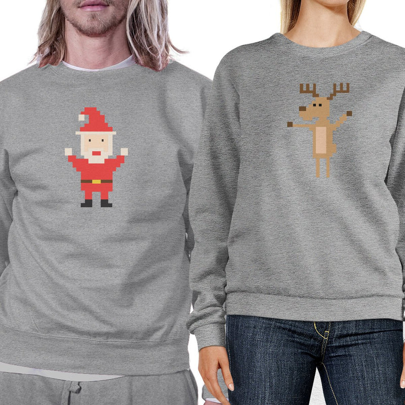 Pixel Santa And Rudolph Couple Sweatshirts Holiday Matching Tops