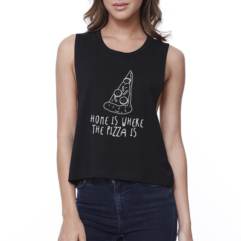 Home Where Pizza Womens Black Sleeveless Crop Shirt For Pizza Lover